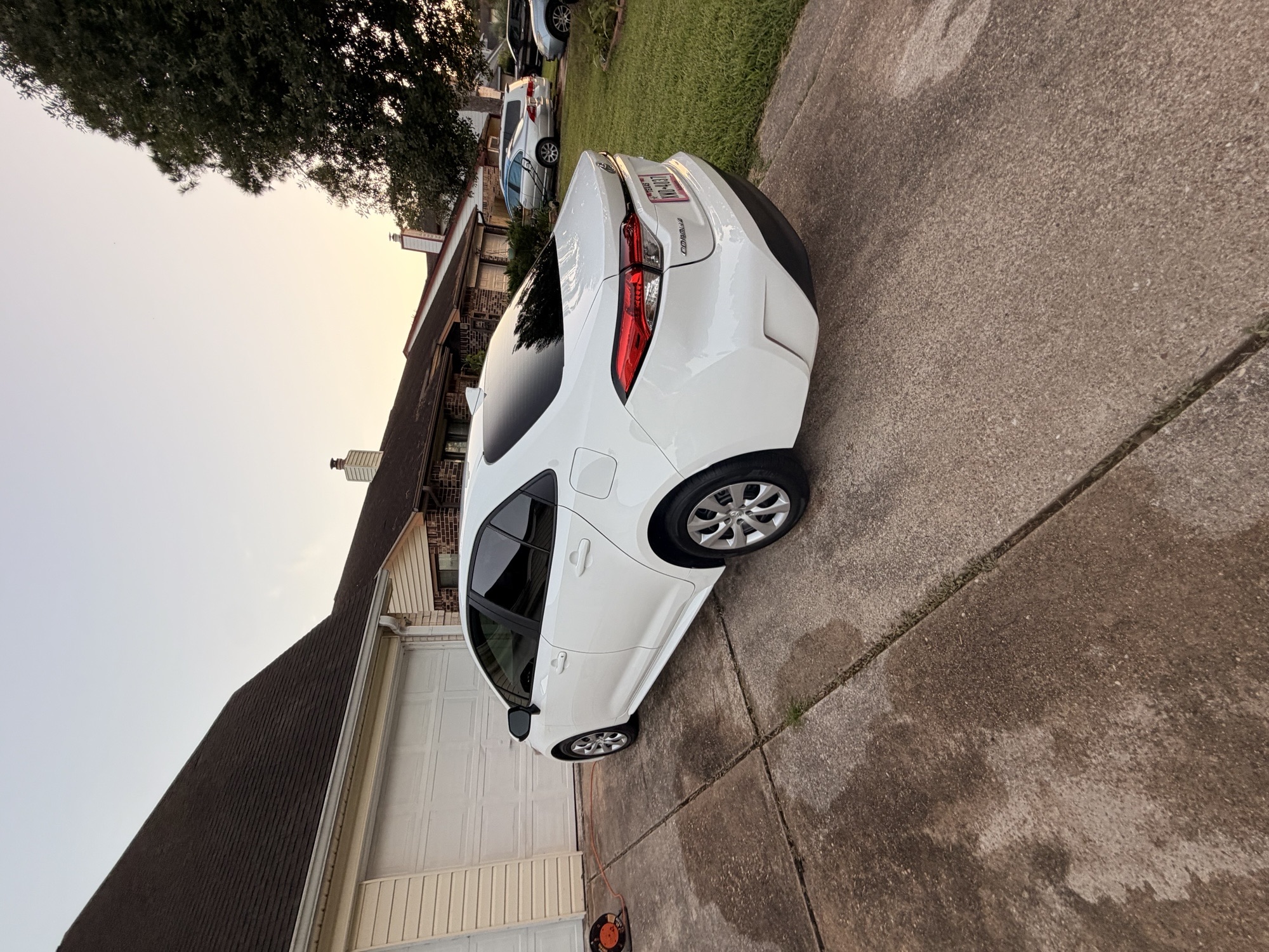 Rear view of a freshly washed white Corolla in a driveway